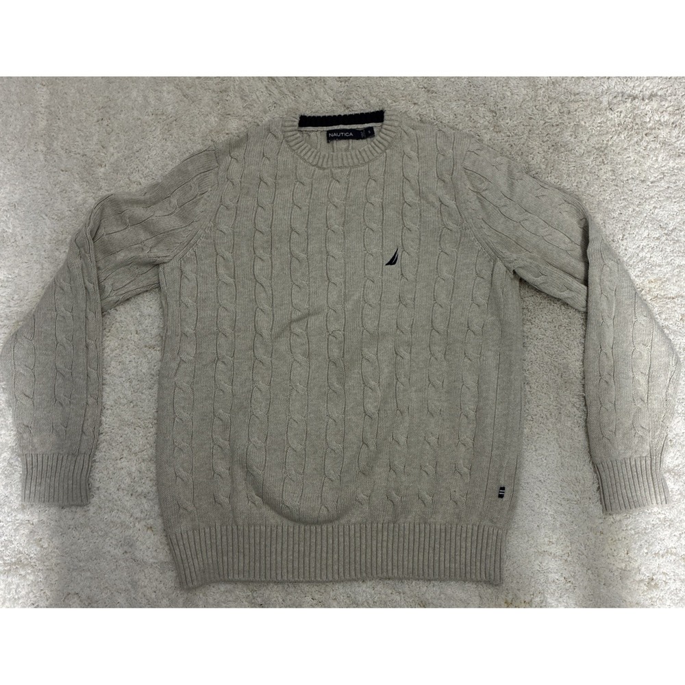 Nautica Cable Knit Sweater Mens S Gray Sweatshirt Crew Neck